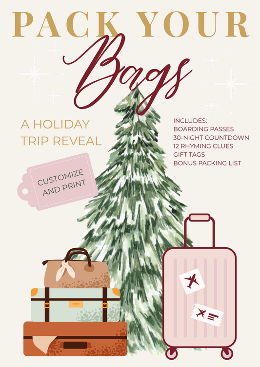 Pack Your Bags: A Holiday Trip Reveal printable kit welcome page in ivory and gold