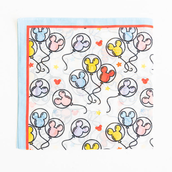 A square white silk scarf featuring a repeating pattern of Mouse head balloons in light blue, pink, and yellow, with small red hearts and a light blue border.