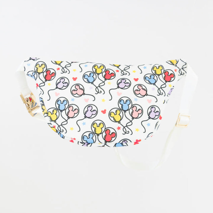 A white fabric waist bag featuring a repeating pattern of colorful cartoon balloons in blue, yellow, and red, with a white strap and a small gold-toned metal clasp.