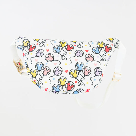 A white fabric waist bag featuring a repeating pattern of colorful cartoon balloons in blue, yellow, and red, with a white strap and a small gold-toned metal clasp.