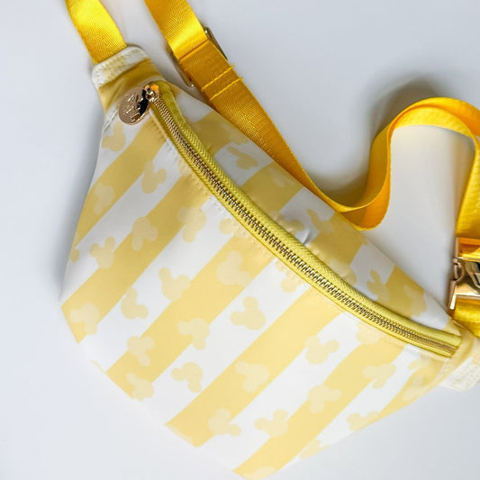 Clear pouch with yellow stripes and gold zipper on a light gray background