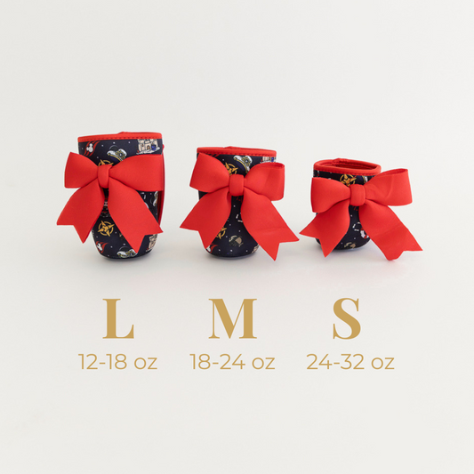 Three cup sleeves with red bows and size labels on a white background