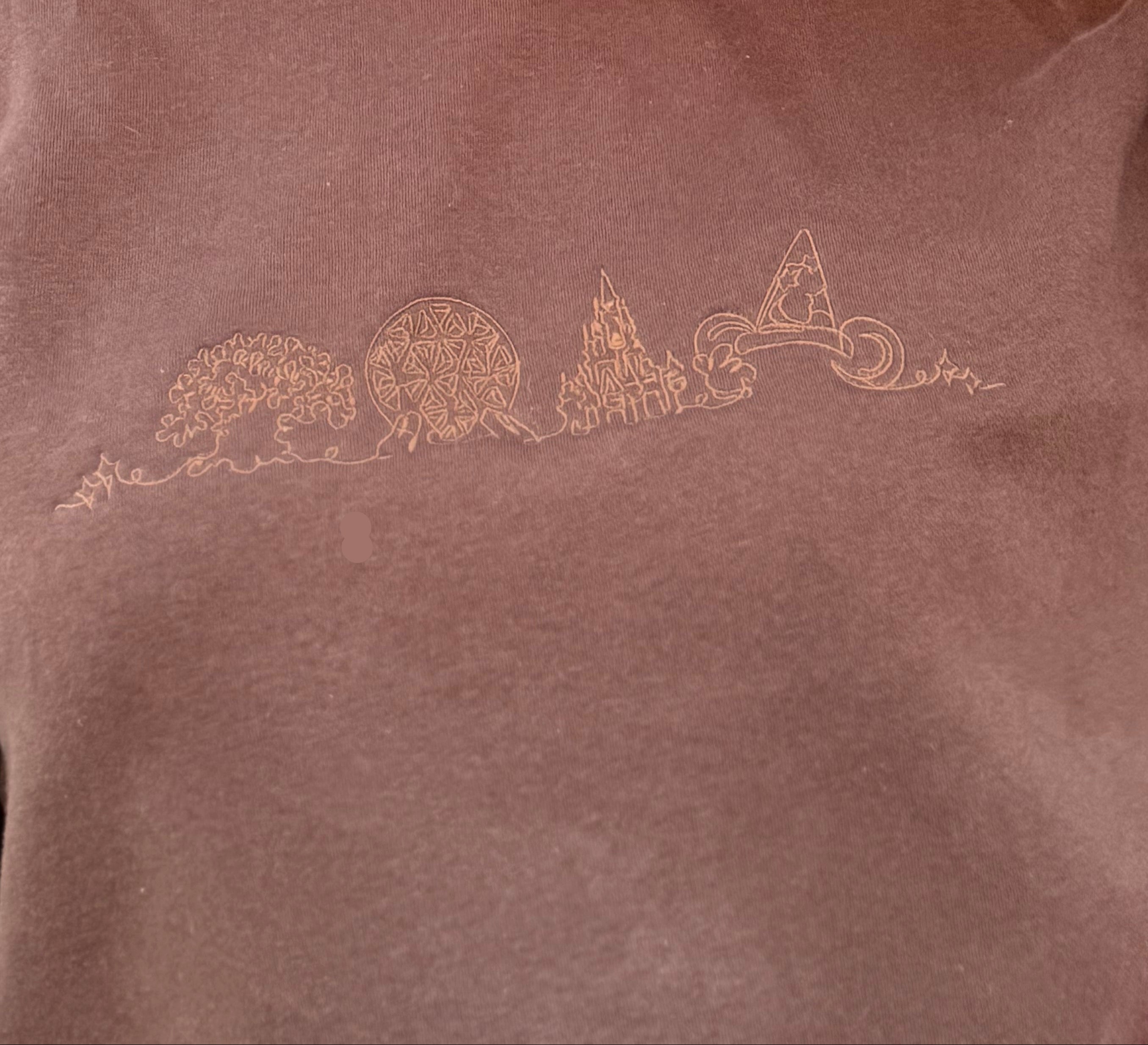Person wearing a brown sweatshirt with embroidered designs, sunglasses, and colorful headband.