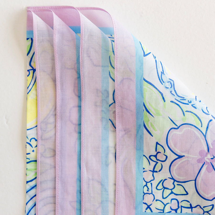 A floral scarf folded to show edge detail