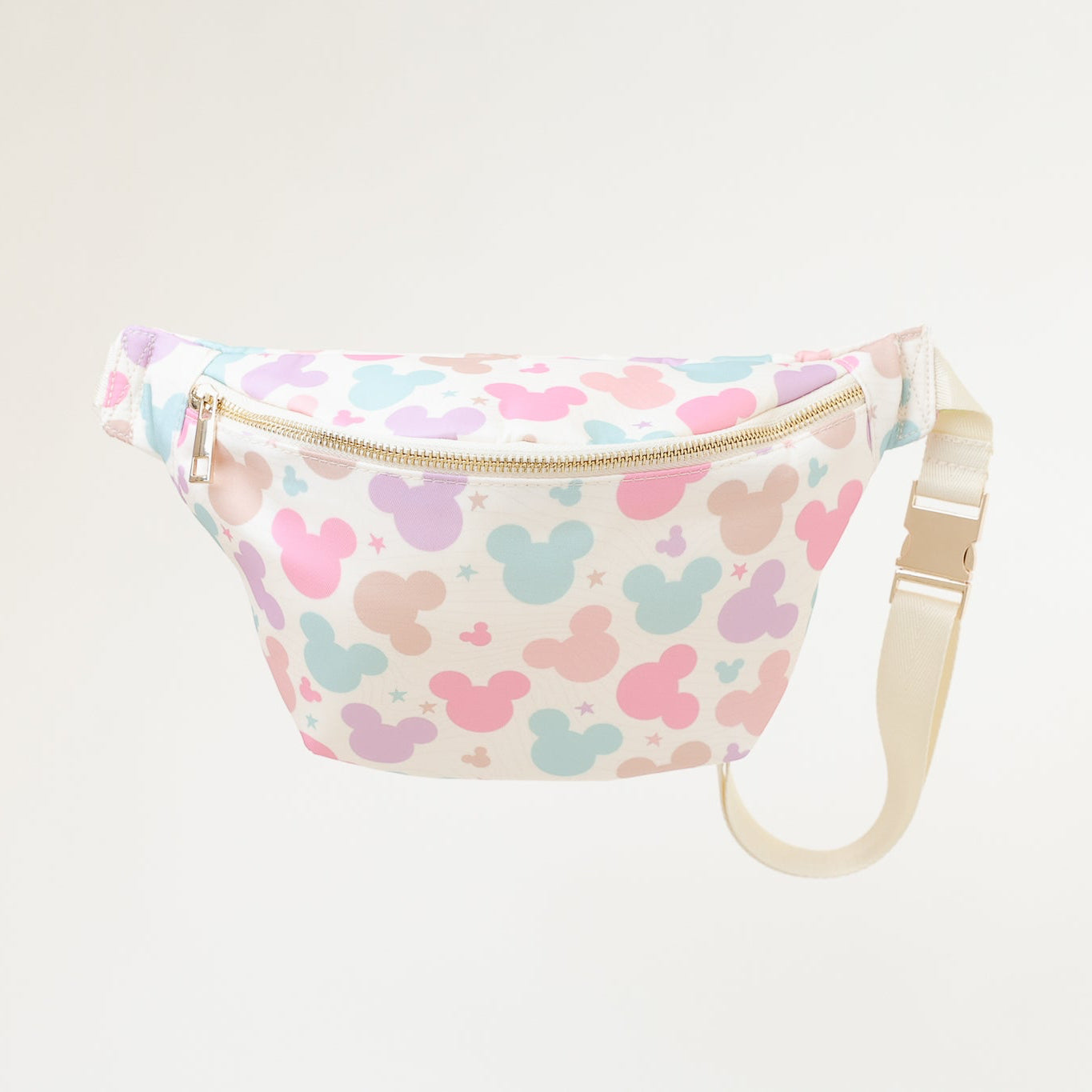 Fanny pack with pastel mouse head pattern on a light background