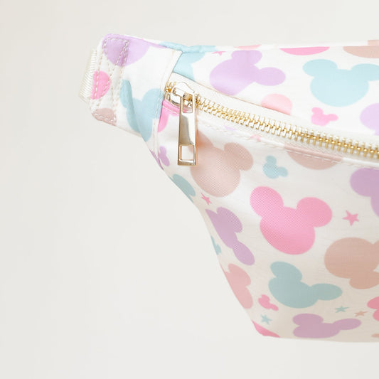 Fanny pack with pastel-colored mouse pattern head on a light background