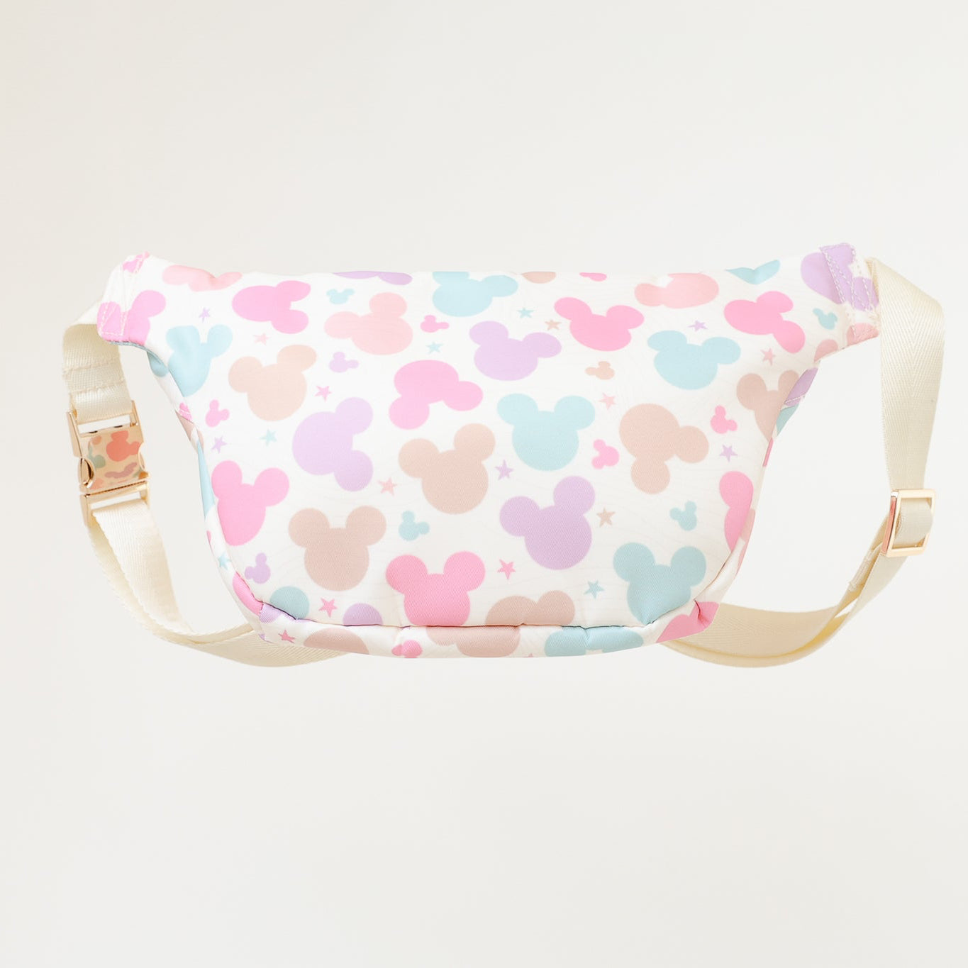 Fanny pack with colorful mouse head pattern on a light background