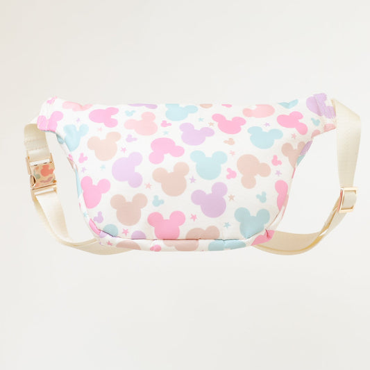 Fanny pack with colorful mouse head pattern on a light background